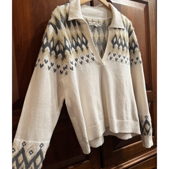 Loft Cream Nordic Fair Isle Collared Split Neck Soft & Cozy Sweater XL - Picture 7 of 16